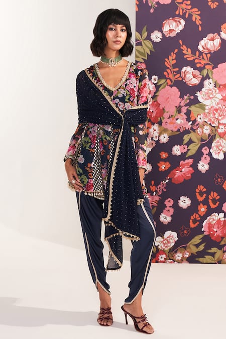 Mustard Moon by Neyha and Vrinda Blue Georgette, Modal Sequins, Beads V-neck Floral Kurta Dhoti Set 