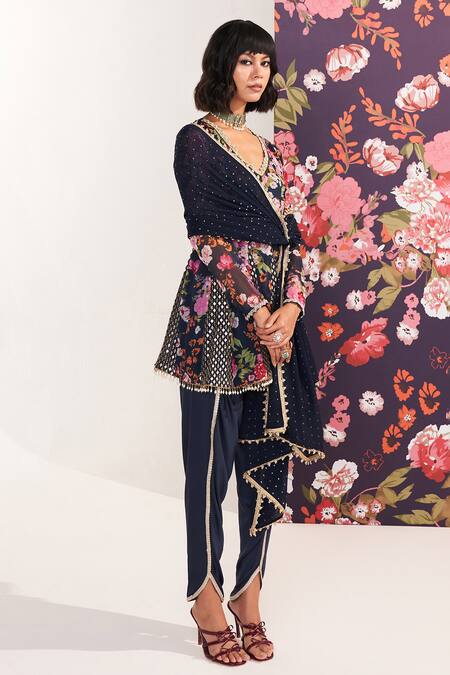 Mustard Moon By Neyha And Vrinda_Blue Georgette, Modal Sequins, Beads V-neck Floral Kurta Dhoti Set _Online_at_Aza_Fashions