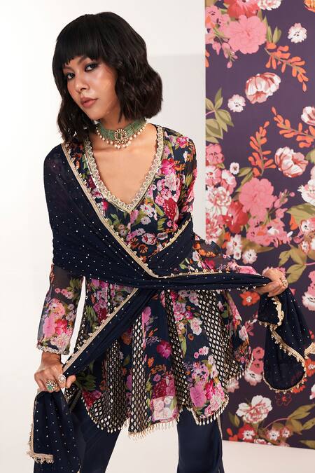 Buy_Mustard Moon By Neyha And Vrinda_Blue Georgette, Modal Sequins, Beads V-neck Floral Kurta Dhoti Set _Online_at_Aza_Fashions