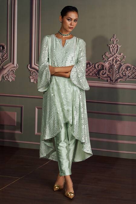Mustard Moon By Neyha And Vrinda_Mint Georgette, Silk Sequins, Embroidery Round Neck Sage Kurta Set _Online_at_Aza_Fashions