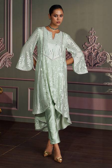 Buy_Mustard Moon By Neyha And Vrinda_Mint Georgette, Silk Sequins, Embroidery Round Neck Sage Kurta Set _Online_at_Aza_Fashions
