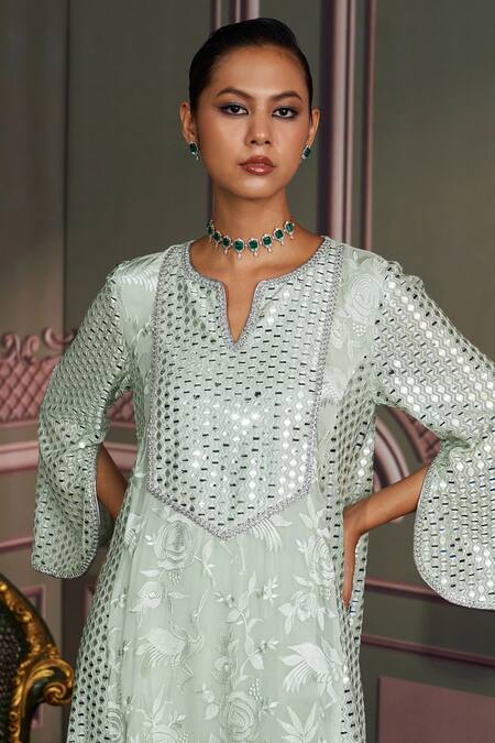 Mustard Moon By Neyha And Vrinda_Mint Georgette, Silk Sequins, Embroidery Round Neck Sage Kurta Set _at_Aza_Fashions