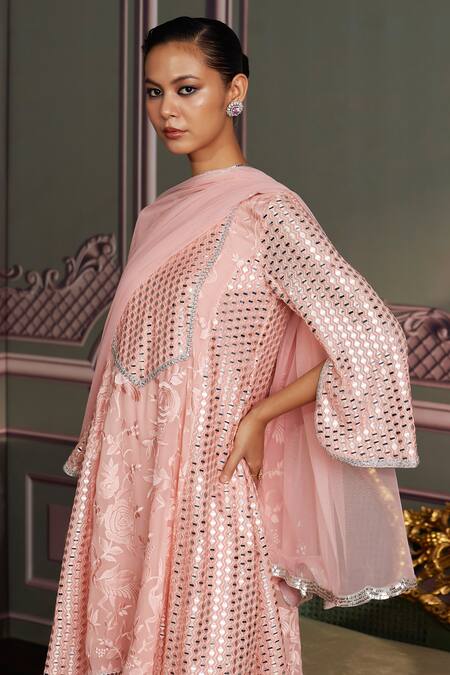 Buy_Mustard Moon By Neyha And Vrinda_Pink Georgette, Silk Sequins, Embroidery Split V-neck Rhea Rose Kurta Set _Online_at_Aza_Fashions