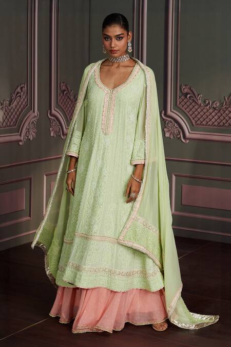 Mustard Moon By Neyha And Vrinda_Green Georgette Embroidery Round Neck Tara Lime Kurta Set_Online_at_Aza_Fashions