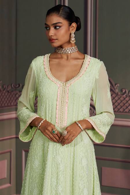 Buy_Mustard Moon By Neyha And Vrinda_Green Georgette Embroidery Round Neck Tara Lime Kurta Set_Online_at_Aza_Fashions