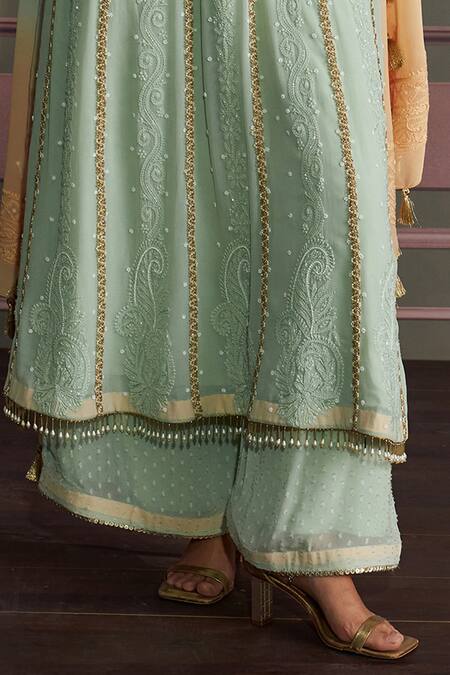 Mustard Moon By Neyha And Vrinda_Mint Georgette Embroidery, Tassels Keyhole Neck Sage Green Kurta Set_Online_at_Aza_Fashions