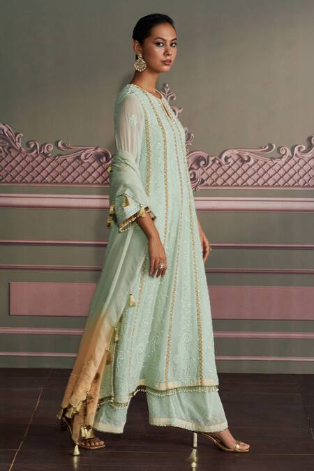 Buy_Mustard Moon By Neyha And Vrinda_Mint Georgette Embroidery, Tassels Keyhole Neck Sage Green Kurta Set_Online_at_Aza_Fashions