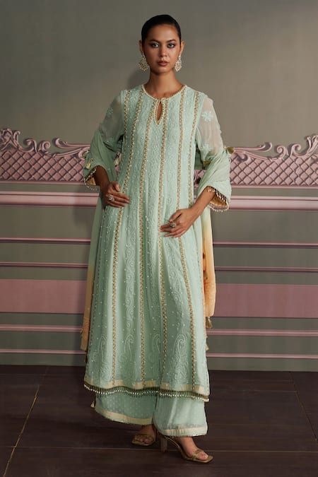 Mustard Moon by Neyha and Vrinda Mint Georgette Embroidery, Tassels Keyhole Neck Sage Green Kurta Set 