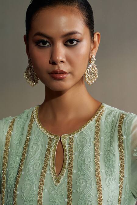 Shop_Mustard Moon By Neyha And Vrinda_Mint Georgette Embroidery, Tassels Keyhole Neck Sage Green Kurta Set_Online_at_Aza_Fashions