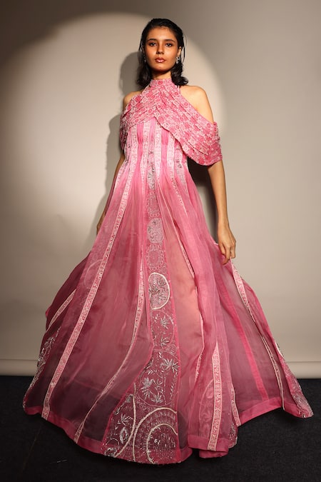 Megha Bansal_Pink Silk Organza Embroidery Open Neck Candy Kalidar Gown And Cape Set _Online_at_Aza_Fashions