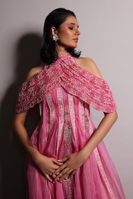 Buy_Megha Bansal_Pink Silk Organza Embroidery Open Neck Candy Kalidar Gown And Cape Set _Online_at_Aza_Fashions