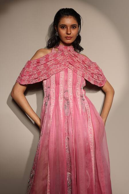 Shop_Megha Bansal_Pink Silk Organza Embroidery Open Neck Candy Kalidar Gown And Cape Set _Online_at_Aza_Fashions