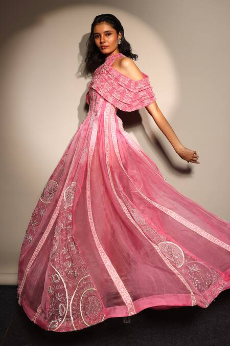 Megha Bansal Pink Silk Organza Embroidery Open Neck Candy Kalidar Gown And Cape Set at Aza Fashions Megha Bansal_Pink Silk Organza Embroidery Open Neck Candy Kalidar Gown And Cape Set _at_Aza_Fashions
