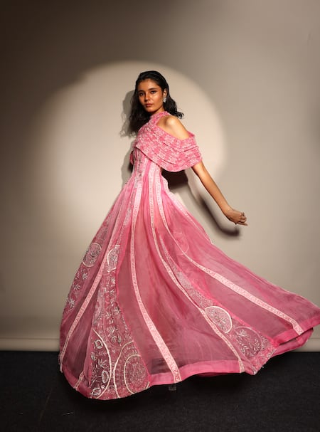 Buy_Megha Bansal_Pink Silk Organza Embroidery Open Neck Candy Kalidar Gown And Cape Set 