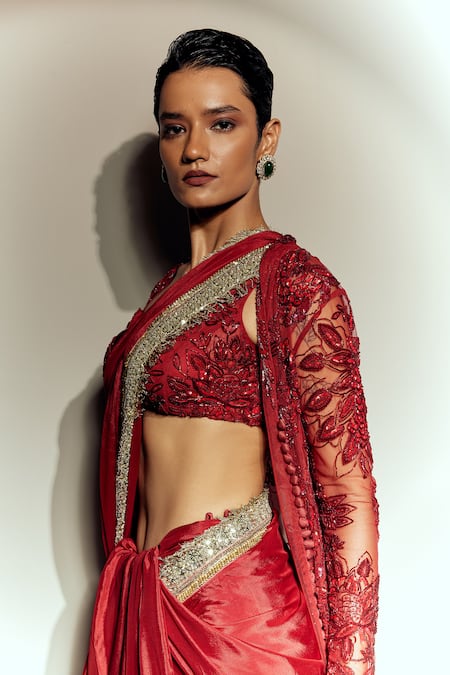 Megha Bansal_Red Chiffon, Tulle Sequins, Embroidery Round Neck Camellia Saree Set With Jacket _Online_at_Aza_Fashions