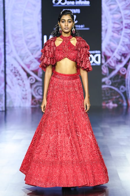 Buy_Megha Bansal_Red Tulle Embroidery Open Neck Surkh Camellia Lehenga Set_Online_at_Aza_Fashions