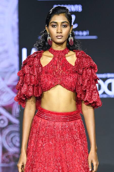 Shop_Megha Bansal_Red Tulle Embroidery Open Neck Surkh Camellia Lehenga Set_Online_at_Aza_Fashions