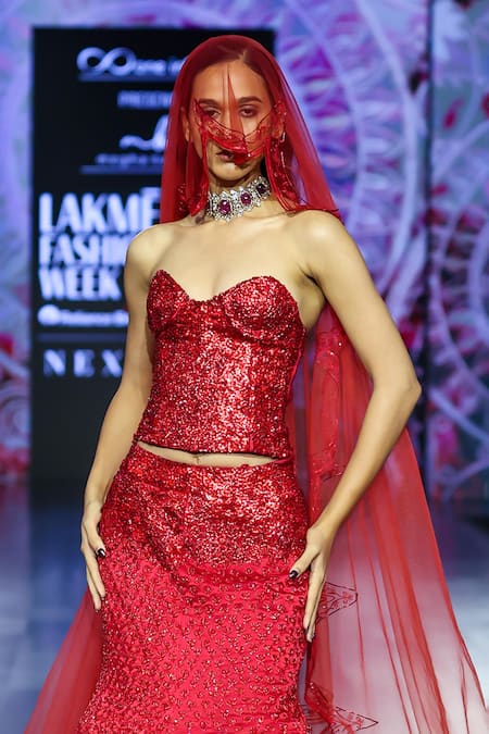 Megha Bansal Red Satin, Viscose Zari, Embroidery Sweetheart Neck Vermilion Skirt And Corset Set Online at Aza Fashions Megha Bansal_Red Satin, Viscose Zari, Embroidery Sweetheart Neck Vermilion Skirt And Corset Set _Online_at_Aza_Fashions