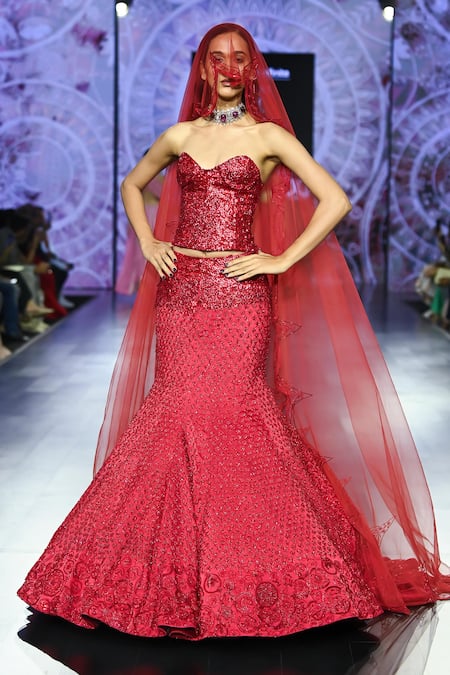 Megha Bansal Embroidered Vermilion Skirt & Corset Set 