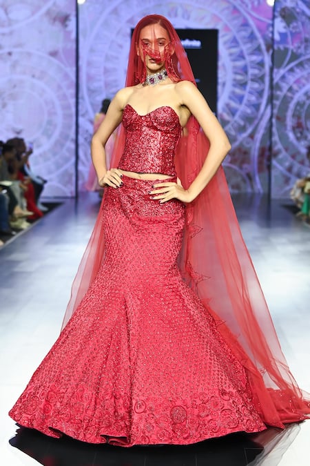 Megha Bansal Embroidered Vermilion Skirt & Corset Set 
