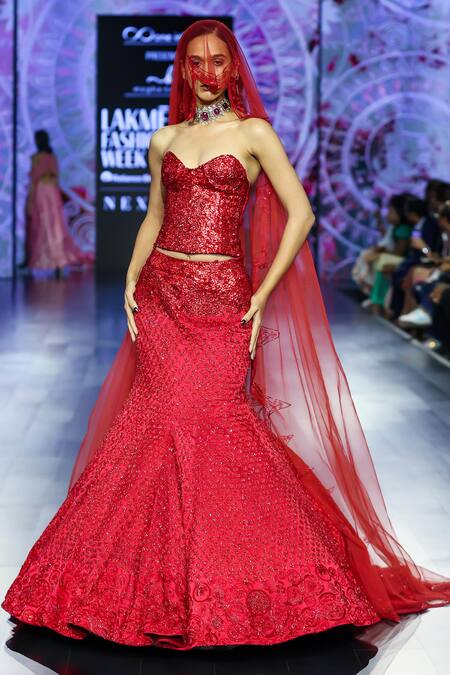 Buy_Megha Bansal_Red Satin, Viscose Zari, Embroidery Sweetheart Neck Vermilion Skirt And Corset Set _Online_at_Aza_Fashions