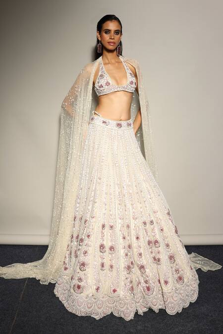 Shop_Megha Bansal_Tulle Pearls, Sequins, Beads Plunge Neck Ecru Guldasta Moti Lehenga Set _Online_at_Aza_Fashions