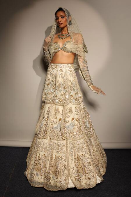 Megha Bansal_Gold Silk Organza Sequins, Embroidery Ecru Tuscan Bloom Petal Lehenga Set _Online_at_Aza_Fashions