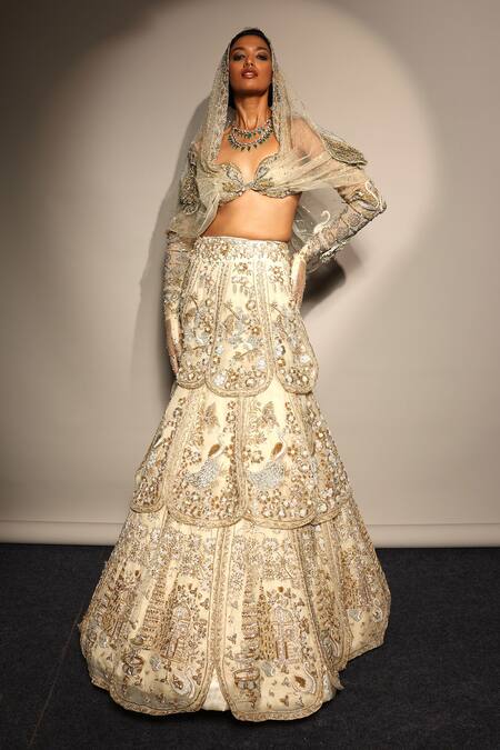 Buy_Megha Bansal_Gold Silk Organza Sequins, Embroidery Ecru Tuscan Bloom Petal Lehenga Set _Online_at_Aza_Fashions
