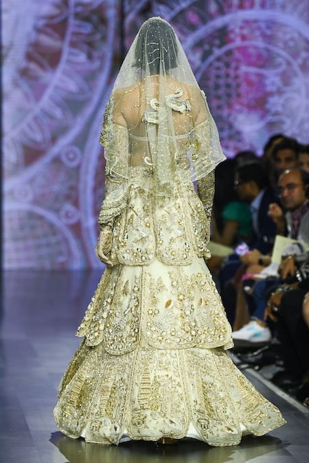 Megha Bansal Ecru Golden Tuscan Bloom Petal Lehenga Set 