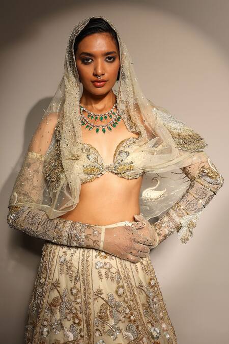 Megha Bansal_Gold Silk Organza Sequins, Embroidery Ecru Tuscan Bloom Petal Lehenga Set _at_Aza_Fashions