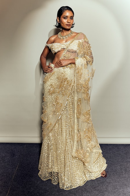 Megha Bansal_Gold Tulle, Viscose Embroidery Off-shoulder Ecru Lehenga Saree With Blouse _Online_at_Aza_Fashions
