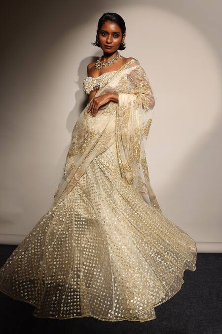 Buy_Megha Bansal_Gold Tulle, Viscose Embroidery Off-shoulder Ecru Lehenga Saree With Blouse _Online_at_Aza_Fashions