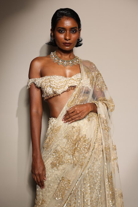 Shop_Megha Bansal_Gold Tulle, Viscose Embroidery Off-shoulder Ecru Lehenga Saree With Blouse _Online_at_Aza_Fashions