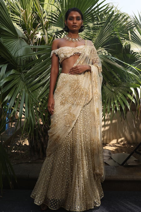 Megha Bansal Ecru Golden Lehenga Saree With Blouse 
