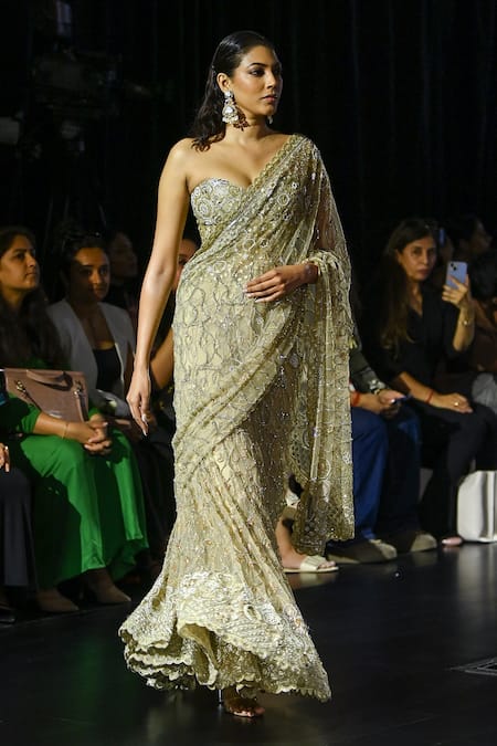 Megha Bansal_Gold Tulle Embroidery Sweetheart Neck Shalimaar Saree With Corset _Online_at_Aza_Fashions