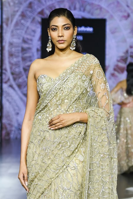 Buy_Megha Bansal_Gold Tulle Embroidery Sweetheart Neck Shalimaar Saree With Corset _Online_at_Aza_Fashions