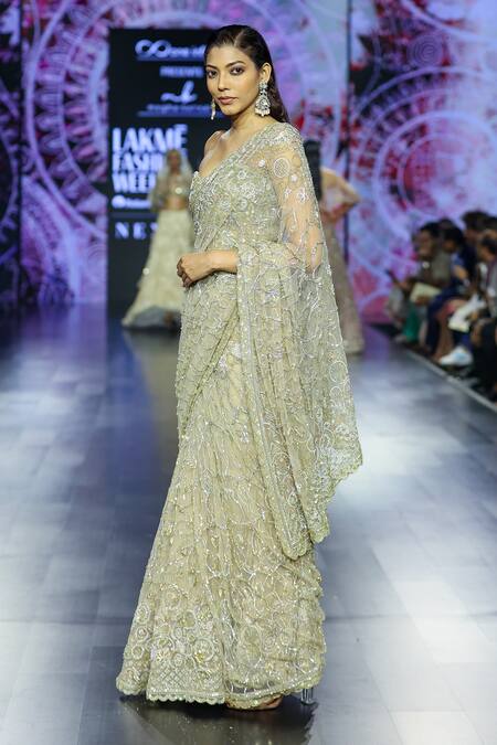 Shop_Megha Bansal_Gold Tulle Embroidery Sweetheart Neck Shalimaar Saree With Corset _Online_at_Aza_Fashions