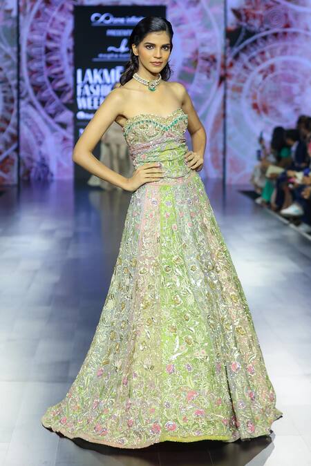 Megha Bansal Multi Color Silk Organza Embroidery, Zari Satrangi Lehenga With Corset Online at Aza Fashions Megha Bansal_Multi Color Silk Organza Embroidery, Zari Satrangi Lehenga With Corset _Online_at_Aza_Fashions