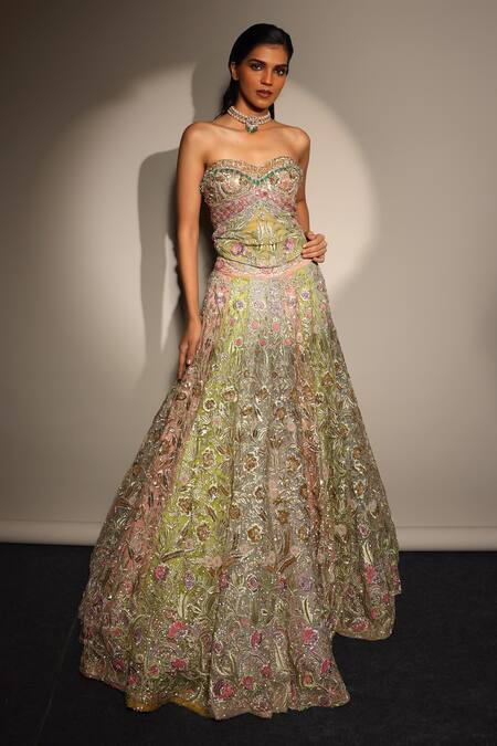 Buy_Megha Bansal_Multi Color Silk Organza Embroidery, Zari Satrangi Lehenga With Corset _Online_at_Aza_Fashions