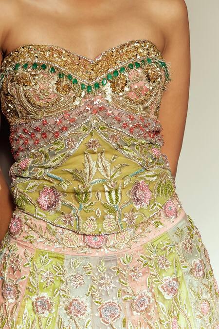 Shop Megha Bansal Multi Color Silk Organza Embroidery, Zari Satrangi Lehenga With Corset Online at Aza Fashions Shop_Megha Bansal_Multi Color Silk Organza Embroidery, Zari Satrangi Lehenga With Corset _Online_at_Aza_Fashions