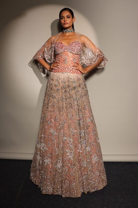 Buy_Megha Bansal_Rose Gold Organza, Tulle, Zari, Embroidery Floral Lehenga Set _Online_at_Aza_Fashions