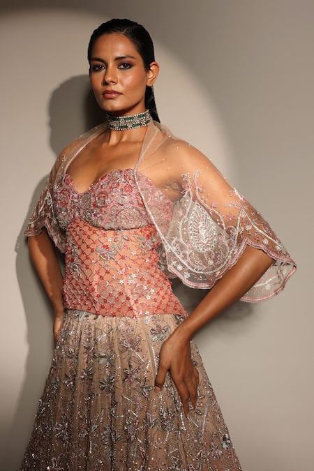 Shop_Megha Bansal_Rose Gold Organza, Tulle, Zari, Embroidery Floral Lehenga Set _Online_at_Aza_Fashions