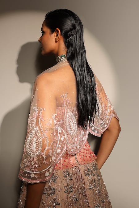 Megha Bansal_Rose Gold Organza, Tulle, Zari, Embroidery Floral Lehenga Set _at_Aza_Fashions