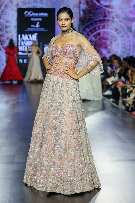 Buy_Megha Bansal_Rose Gold Organza, Tulle, Zari, Embroidery Floral Lehenga Set 