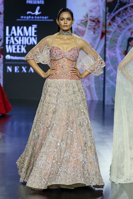 Megha Bansal Rose Gold Floral Embroidered Lehenga Set 