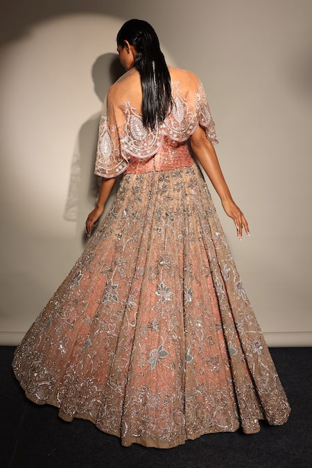 Megha Bansal Rose Gold Floral Embroidered Lehenga Set 