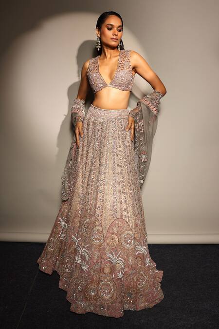 Shop_Megha Bansal_Rose Gold Tulle, Viscose Sequins, Embroidery V-neck Lehenga Set _Online_at_Aza_Fashions