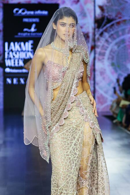 Megha Bansal_Rose Gold Silk Organza, Tulle Embroidery Plunge Handcrafted Grid Pattern Saree _Online_at_Aza_Fashions