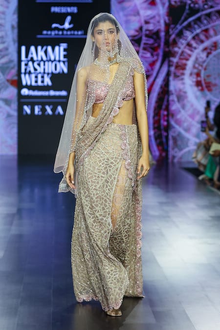 Megha Bansal Handcrafted Grid Pattern Rose Gold Saree 