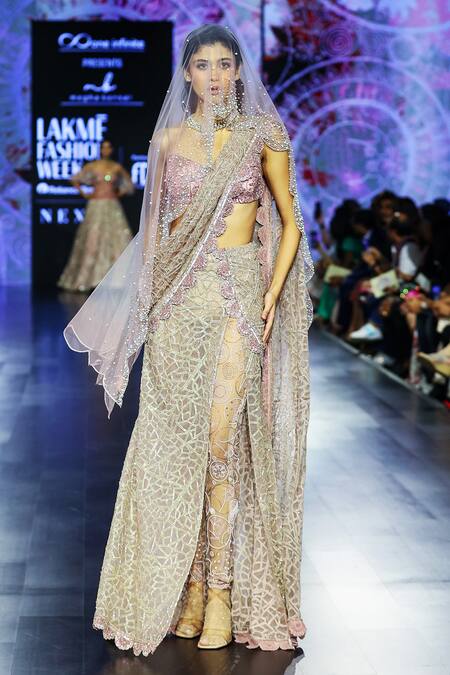 Buy_Megha Bansal_Rose Gold Silk Organza, Tulle Embroidery Plunge Handcrafted Grid Pattern Saree _Online_at_Aza_Fashions